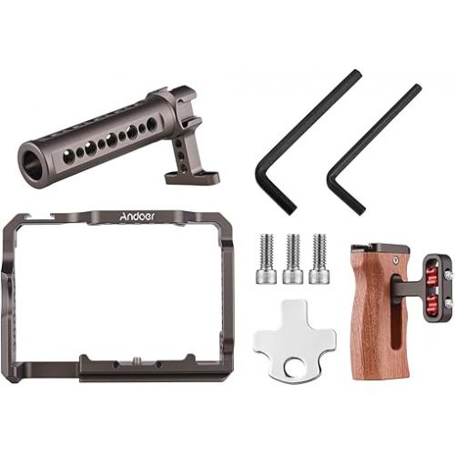  Andoer Aluminum Alloy Camera Cage Kit with Video Rig Top Handle Wooden Grip Replacement for Sony A7R III/ A7 II/ A7III