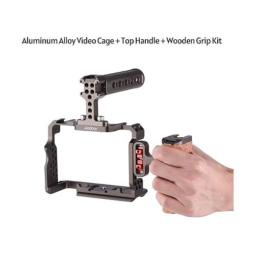  Andoer Aluminum Alloy Camera Cage Kit with Video Rig Top Handle Wooden Grip Replacement for Sony A7R III/ A7 II/ A7III