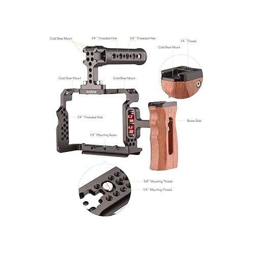  Andoer Aluminum Alloy Camera Cage Kit with Video Rig Top Handle Wooden Grip Replacement for Sony A7R III/ A7 II/ A7III