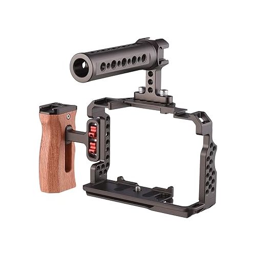  Andoer Aluminum Alloy Camera Cage Kit with Video Rig Top Handle Wooden Grip Replacement for Sony A7R III/ A7 II/ A7III