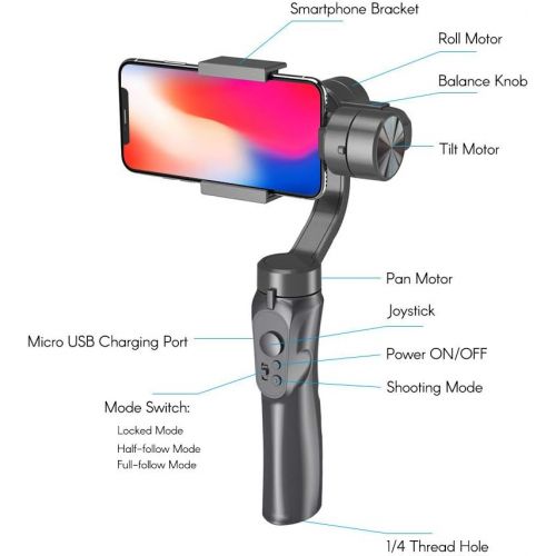  Andoer Gimbal 3-Axis Handheld Stabilizer Built-in Lithium Battery with USB Charging Ways for iPhone Xs Max/Xs/X/8 Plus/8/7/7 Plus Smartphone Samsung Huawei Xiaomi