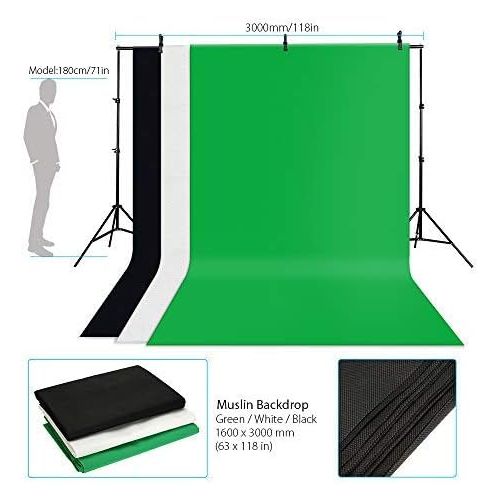  Andoer Photography Umbrella Continuous Light Kit, 6.6ft x 10ft Background Support System, 3pcs Backdrops Screen and 3pcs Umbrellas for Photo, Portrait, Studio Shoot