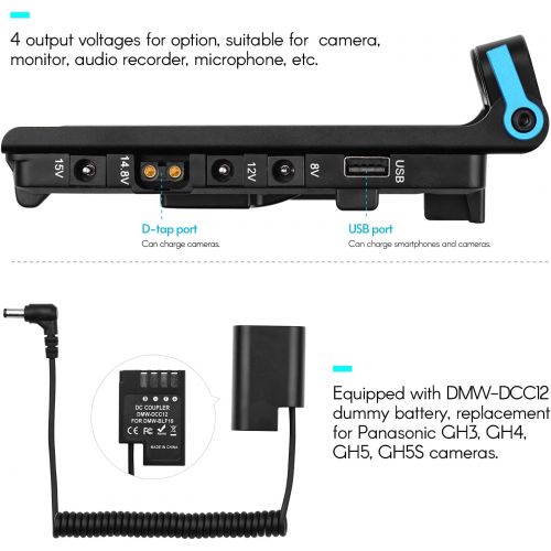  Andoer V Mount V-Lock Battery Plate Adapter with 15mm Dual Hole Rod Clamp DMW-DCC12 Dummy Battery Replacement for Panasonic GH3 GH4 GH5 GH5S Camera Video Light Monitor Audio Record