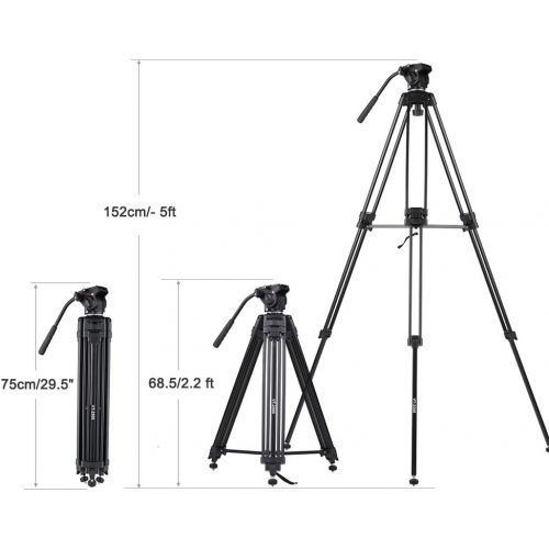  Andoer 152cm5ft Camera Camcorder Tripod with 360° Fluid Damping HeadStable Middle SupportNail Foot Mg-Al Alloy Max. Load 8kg18Lbs with Carry Bag for Canon Nikon Sony DSLR ILDC