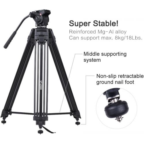  Andoer 152cm5ft Camera Camcorder Tripod with 360° Fluid Damping HeadStable Middle SupportNail Foot Mg-Al Alloy Max. Load 8kg18Lbs with Carry Bag for Canon Nikon Sony DSLR ILDC