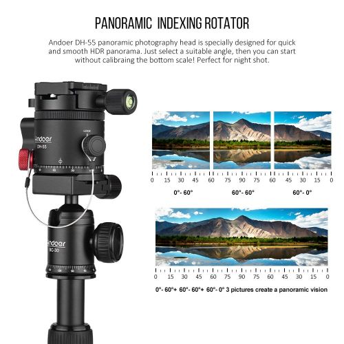  Andoer DH-55 Indexing Rotator HDR Panorama Panoramic Ball Head with 14 Quick Release Plate Bubble Level Bag Aluminum Alloy Max. Load 15kg33Lbs for Camera Tripod