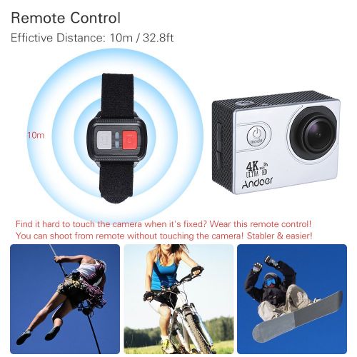  Action Camera, Andoer Action Sports AN4000 4K 30fps 16MP WiFi Camera Full HD 4X Zoom 40m Waterproof 170° Wide Angle Lens 2 LCD Screen Support Slow Motion Drama Photography Remote C