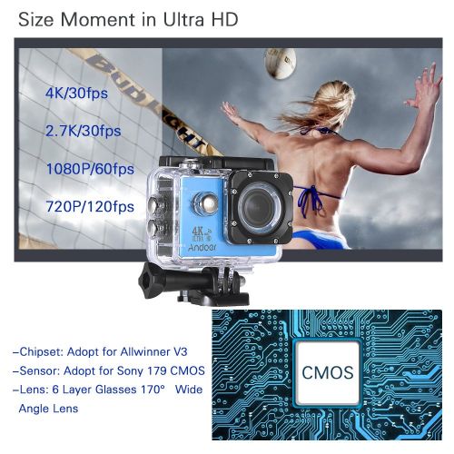  Action Camera, Andoer Action Sports AN4000 4K 30fps 16MP WiFi Camera Full HD 4X Zoom 40m Waterproof 170° Wide Angle Lens 2 LCD Screen Support Slow Motion Drama Photography Remote C