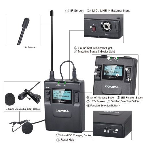  Andoer CoMica CVM-WM300TX UHF 96-Channel Wireless Metal Microphone Transmitter with Lavalier Mic Built-in Lithium Battery 3.7V 2000mAh for DSLR Camera Camcorder