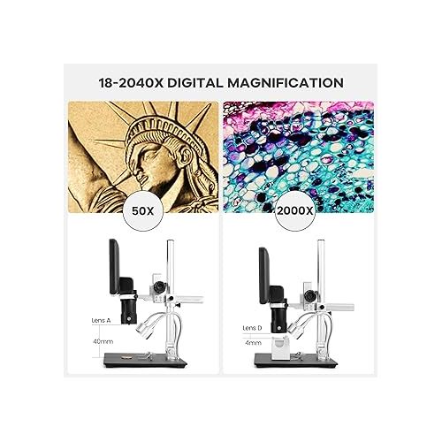  Andonstar AD246S-M HDMI Digital Microscope 2000x for Adults, 3 Lens 2160P UHD Video Record, 7 Inch LCD Soldering Microscope, Coin Microscope, Biological Microscope Kit, Windows Compatible