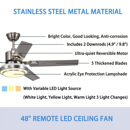  AnfersonLight Anfersonlight Modern LED Ceiling Fan 5 Stainless Steel Blades and Remote Control 3-Light Changes Indoor Mute Energy Saving Fan Chandelier for Home Decoration (48 inches)