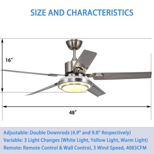  AnfersonLight Anfersonlight Modern LED Ceiling Fan 5 Stainless Steel Blades and Remote Control 3-Light Changes Indoor Mute Energy Saving Fan Chandelier for Home Decoration (48 inches)