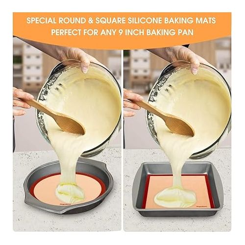  Silicone Baking Mats Set of 6, Food Grade Non-stick Reusable Baking Mat, Silicon Baking Slip Mats Oven Liner Sheet, Round & Square Cake Pan Mat, Pastry Board Rolling Dough Mats for Macaron Cookie