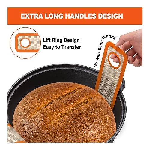  Silicone Bread Sling Oval. Non-Stick & Easy Clean Reusable Oval Silicone Baking Mat for dutch oven. With Long Handles Sourdough Bread Baking mat tools supplier Liner (Orange)