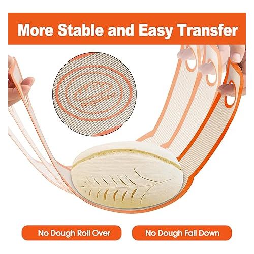  Silicone Bread Sling Oval - Non-Stick & Easy Clean Reusable Oval Silicone Baking Mat for dutch oven. With Long Handles Sourdough Bread Baking mat tools supplier Liner, 2 Orange Set