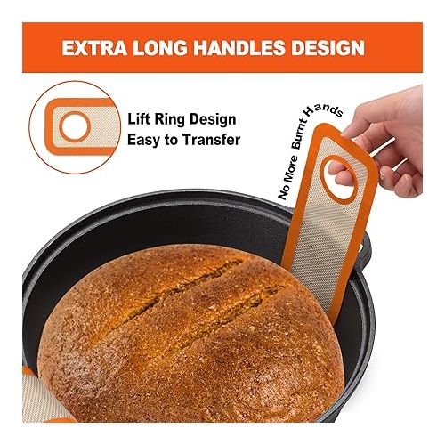  Silicone Bread Sling Oval and Round - Non-Stick & Easy Clean Reusable Oval Silicone Baking Mat for dutch oven. With Long Handles Sourdough Bread Baking mat tools supplier Liner,2 Orange Set