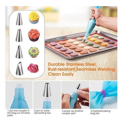  Macaron Silicone Baking Mats Kit (16pcs set) Macaroon Baking Mat Set of 2 Half Sheet Macaron Silicone Mat Nonstick Macaron Mat Sheet,6 Piping Tip,2 Piping Bag with 3 Bag Tie,2 coupler