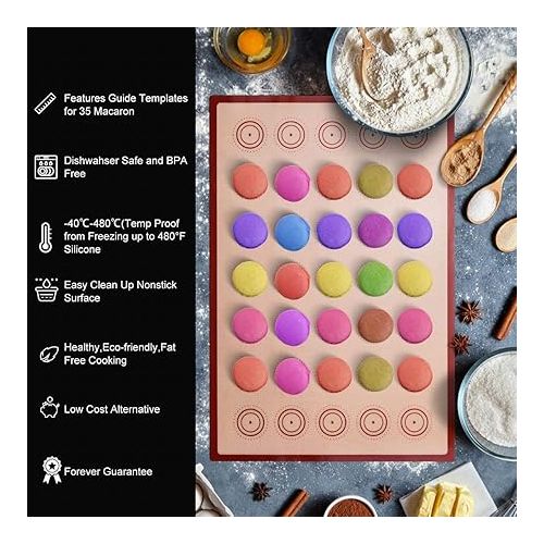  Macaron Silicone Baking Mats Kit (16pcs set) Macaroon Baking Mat Set of 2 Half Sheet Macaron Silicone Mat Nonstick Macaron Mat Sheet,6 Piping Tip,2 Piping Bag with 3 Bag Tie,2 coupler