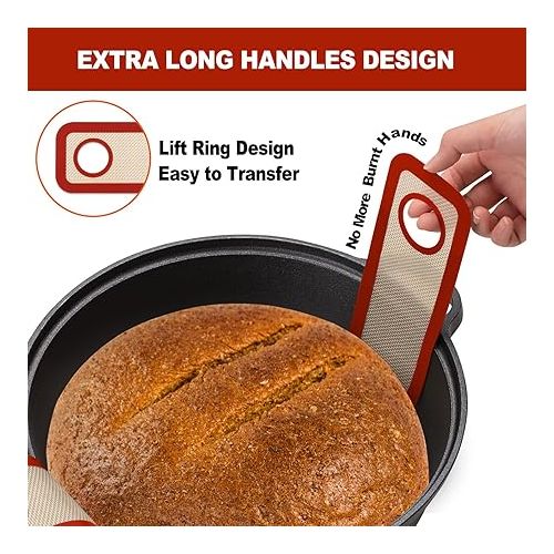  Silicone Bread Sling Oval and Round - Non-Stick & Easy Clean Reusable Oval Silicone Baking Mat for dutch oven. With Long Handles Sourdough Bread Baking mat tools supplier Liner,2 Brown Set