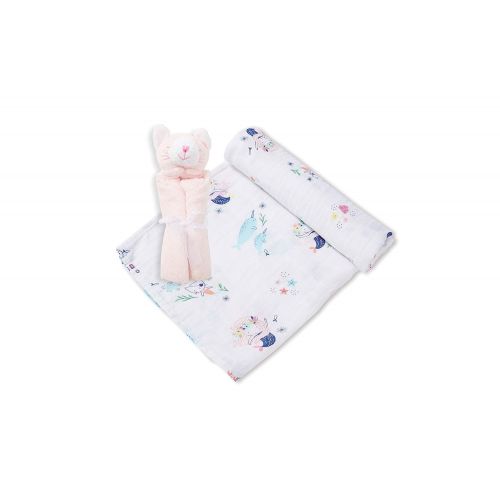  Angel Dear Swaddle and Blankie Gift Set, Mermaid and Friends with Pink Kitty