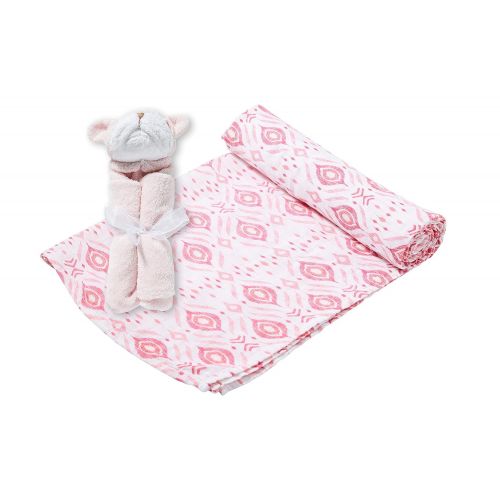  Angel Dear Swaddle and Blankie Gift Set, Pink Ikat with Pink Bulldog
