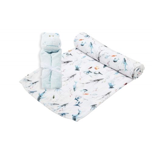  Angel Dear Swaddle and Blankie Gift Set, Sharks with Blue Hippo