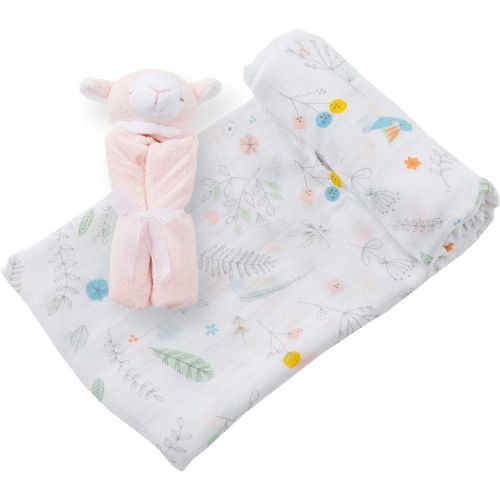  Angel Dear Swaddle and Blankie Gift Set, Pretty Foilage with Pink Lamb