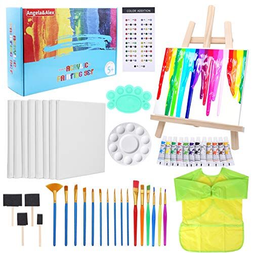  [아마존베스트]Painting Kits for Kids, Angela&Alex Easel Art Set 45 Pcs Acrylic Paint Set for Kids Paint, Tabletop Easel, Paint Brushes Canvas, Painting Pad, Color Mixing Chart Art Supplies Gift