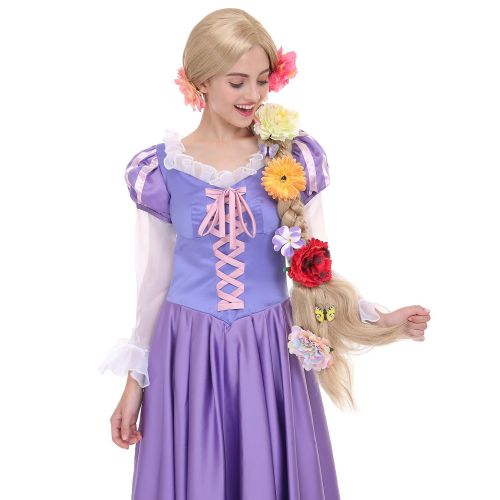  Angelaicos Womens Long Braids Blonde Costume Rapunzel Wig with 10pcs Flowers