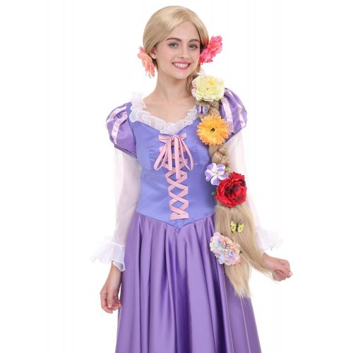  Angelaicos Womens Long Braids Blonde Costume Rapunzel Wig with 10pcs Flowers