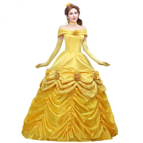  Angelaicos Womens Yellow Layered Princess Costume Dress Gloves Ball Gown