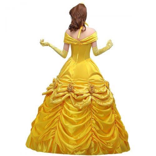  Angelaicos Womens Yellow Layered Princess Costume Dress Gloves Ball Gown
