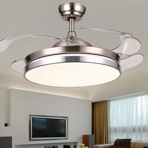  Angry peach Dimmable Ceiling Fans with Lights Retractable 4-Blade Remote Control 42 Inch Indoor LED Polished Chrome Fan Ceiling Chandelier Lighting