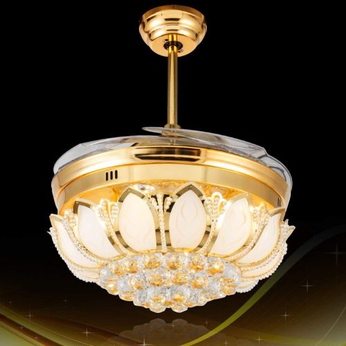  Angry peach Luxury Crystal Ceiling Fans with Lights Retractable 4-Blade Remote Control 42 Inch Indoor LED Silent Energy Saving Fan Ceiling Chandelier Lighting Gold