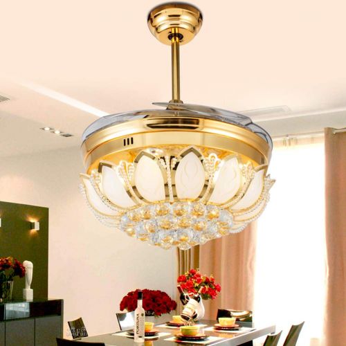  Angry peach Luxury Crystal Ceiling Fans with Lights Retractable 4-Blade Remote Control 42 Inch Indoor LED Silent Energy Saving Fan Ceiling Chandelier Lighting Gold