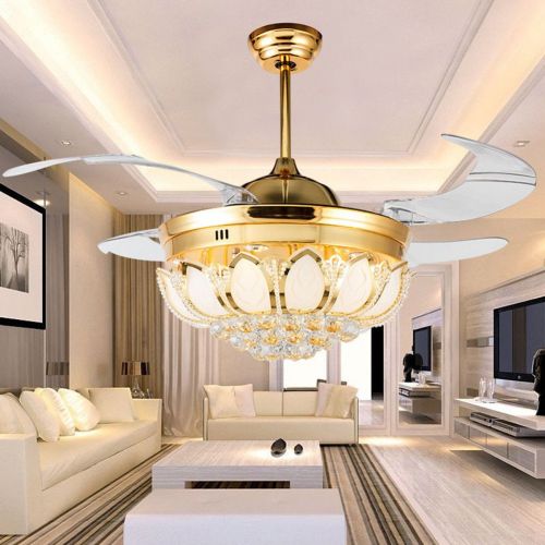  Angry peach Luxury Crystal Ceiling Fans with Lights Retractable 4-Blade Remote Control 42 Inch Indoor LED Silent Energy Saving Fan Ceiling Chandelier Lighting Gold