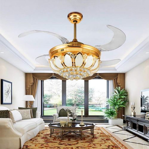  Angry peach Luxury Crystal Ceiling Fans with Lights Retractable 4-Blade Remote Control 42 Inch Indoor LED Silent Energy Saving Fan Ceiling Chandelier Lighting Gold