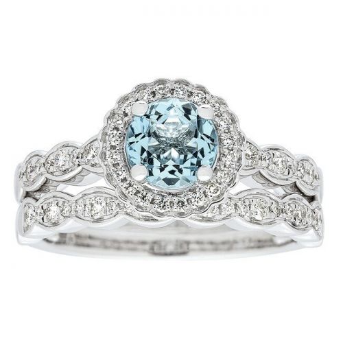  Anika and August 14k White Gold Aquamarine and 38ct TDW Diamond Bridal set Ring (G-H, I1-I2) by Anika and August