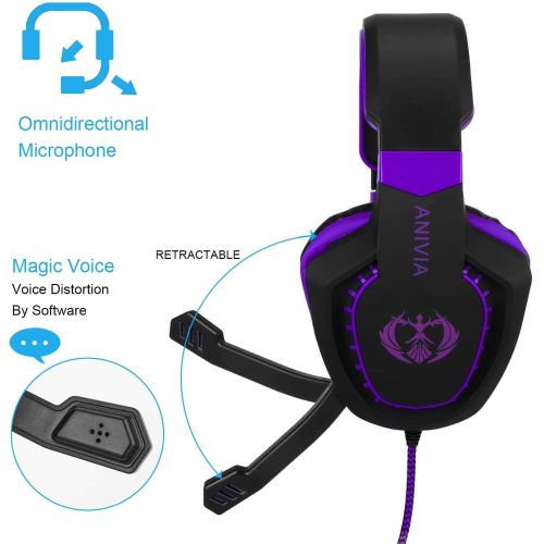  Anivia Gaming Headset Bass Surround Sound Stereo PS4 Headset with Flexible Microphone Volume Control Noise Canceling Mic Over-Ear Headphones Compatible for PS4 Xbox one Laptop PC Mac Purp