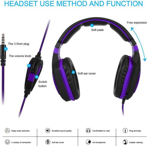  Anivia Gaming Headset Bass Surround Sound Stereo PS4 Headset with Flexible Microphone Volume Control Noise Canceling Mic Over-Ear Headphones Compatible for PS4 Xbox one Laptop PC Mac Purp
