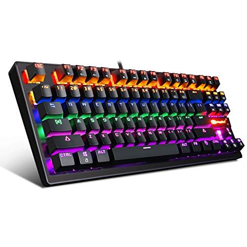  Mechanical Gaming Keyboard 87 Keys Small Compact Multicolour Backlit -Anivia MK1 Wired USB Gaming Keyboard with Blue Switches, Metal Construction, Water Resistant for Windows MAC L