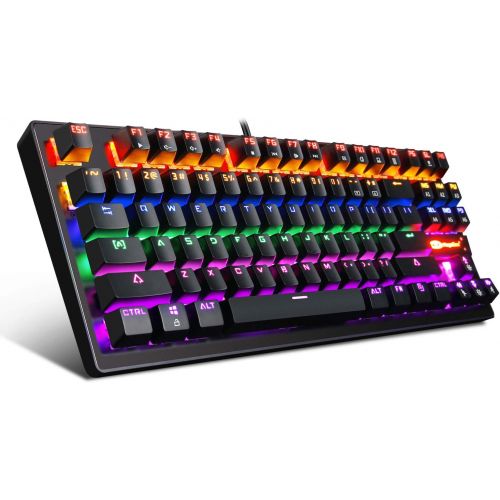  Mechanical Gaming Keyboard 87 Keys Small Compact Multicolour Backlit -Anivia MK1 Wired USB Gaming Keyboard with Blue Switches, Metal Construction, Water Resistant for Windows MAC L