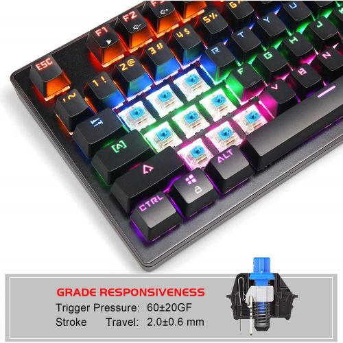  Mechanical Gaming Keyboard 87 Keys Small Compact Multicolour Backlit -Anivia MK1 Wired USB Gaming Keyboard with Blue Switches, Metal Construction, Water Resistant for Windows MAC L