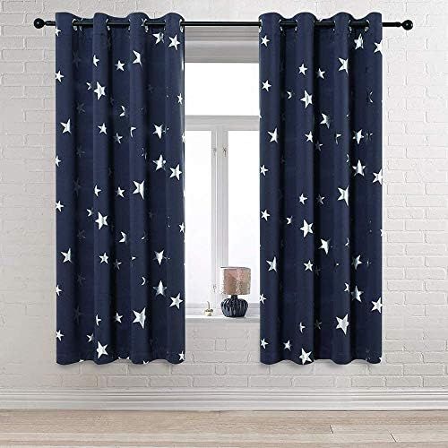  [아마존베스트]Anjee Navy Blue Star Print Blackout Curtains for Kids Room (2 Panels) Thick Thermal Insulated Window Drapes Each Panel W38 x L45 in