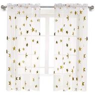 [아마존베스트]Anjee White Sheer Curtains with Golden Star Foil Printed Pattern 2 Panels Set 63 inch Length Rod Pocket Voile Semi Sheer Drapes for Kids Bedroom Living Room