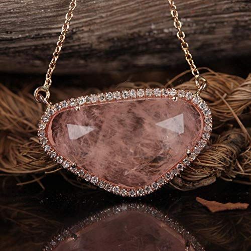  AnjisTouch Solid 14k Rose Gold Genuine Pave Diamond Morganite Gemstone Charm Pendant Wedding Unique Necklace Handmade Fine Jewelry Gift For Her