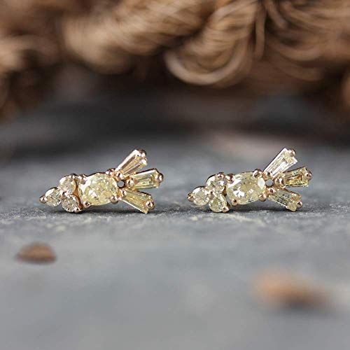  AnjisTouch Solid 14k Yellow Gold 0.54 Ct. Baguette, Round & Oval Shape Diamond Stud Earrings Handmade Fine Fashion Jewelry Gift For her