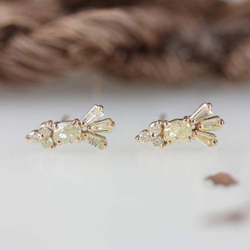  AnjisTouch Solid 14k Yellow Gold 0.54 Ct. Baguette, Round & Oval Shape Diamond Stud Earrings Handmade Fine Fashion Jewelry Gift For her