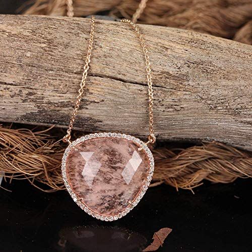  AnjisTouch Genuine 11.39 Ct. Morganite Gemstone Charm Pendant Solid 14k Rose Gold Pave Diamond Wedding Necklace Handmade Fine Jewelry Gift For Her