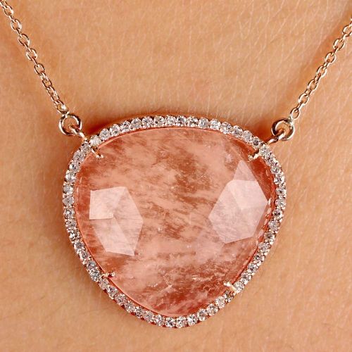  AnjisTouch Genuine 11.39 Ct. Morganite Gemstone Charm Pendant Solid 14k Rose Gold Pave Diamond Wedding Necklace Handmade Fine Jewelry Gift For Her